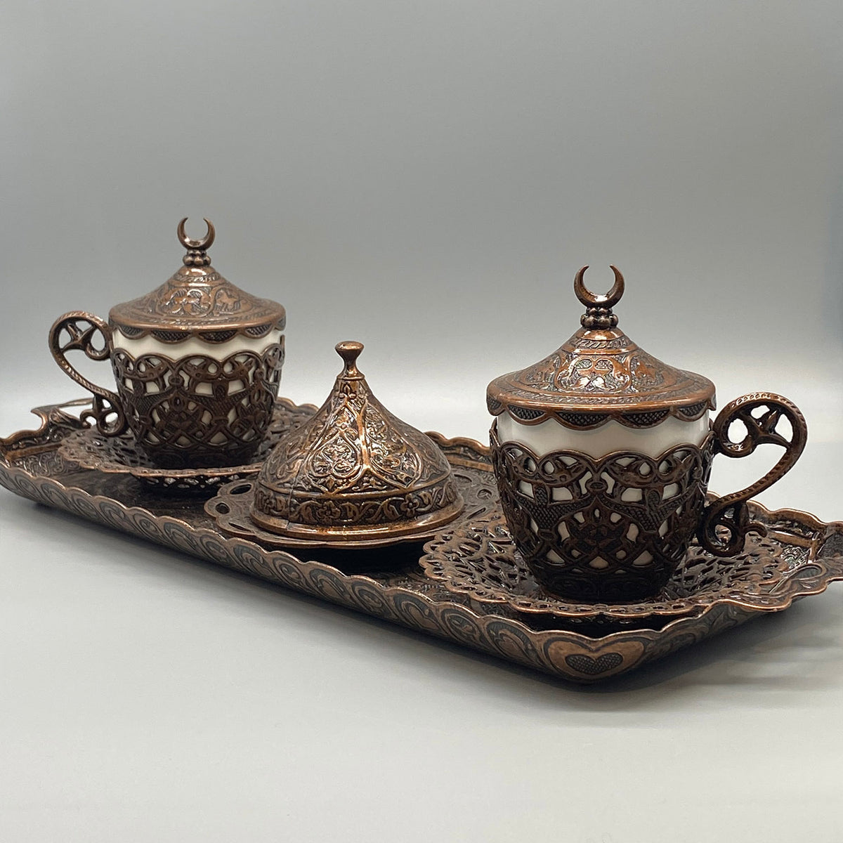 Traditional Antique Silver Turkish Coffee Set for 2